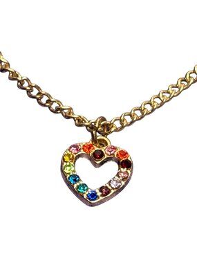 Colorful Rainbow Rhinestone Heart Pendant Necklace Goldtone Lobster Clasp